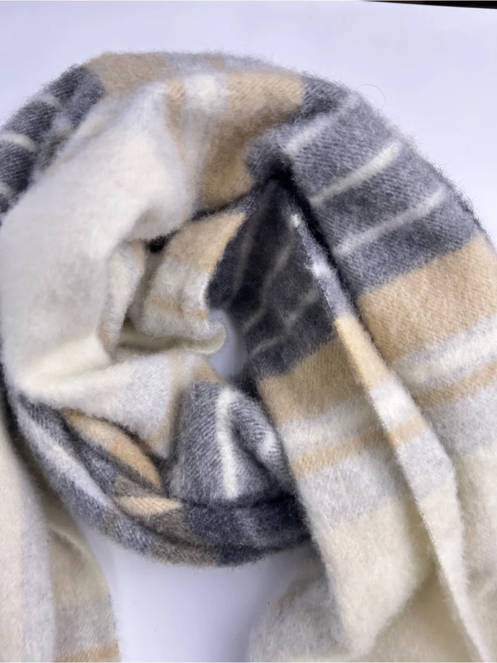 Talbots 100% Cashmere Plaid Scarf Beige Gray Blue Fringe 71”
